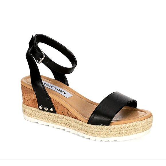 Steve Madden Jaide Wedge Sandals Black Size 9 Y2K Minimalist Clean Girl Coastal - Picture 1 of 8